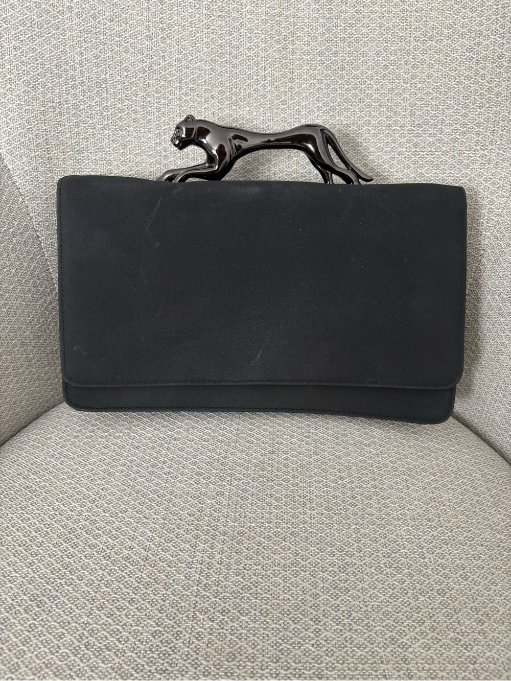 Vintage Black Envelope Clutch with Sculptural Panther Handle